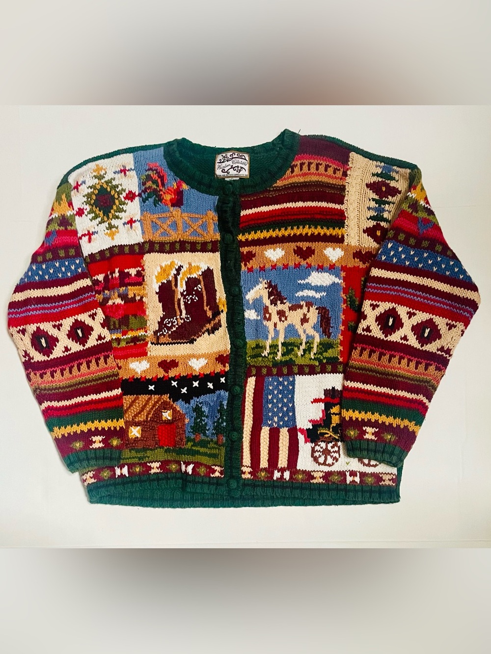 Vintage Heirloom Collectibles Western Americana Patchwork Knit Cardigan Large